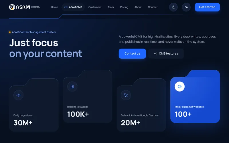 The top of the ASAM CMS page in dark theme: the headline Just focus on your content, a lead and two buttons, above four folder-shaped cards with figures; the last card is brand blue and glows softly.