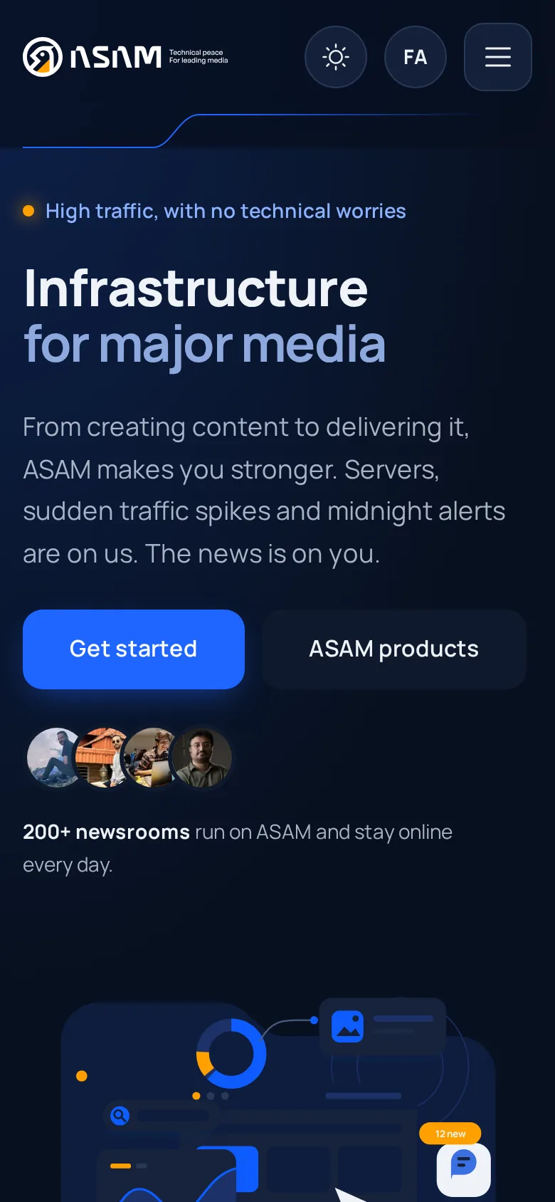 The ASAM home page on a phone in dark theme: a near-black navy ground, white headline with its second line in light blue, and a glowing blue button.