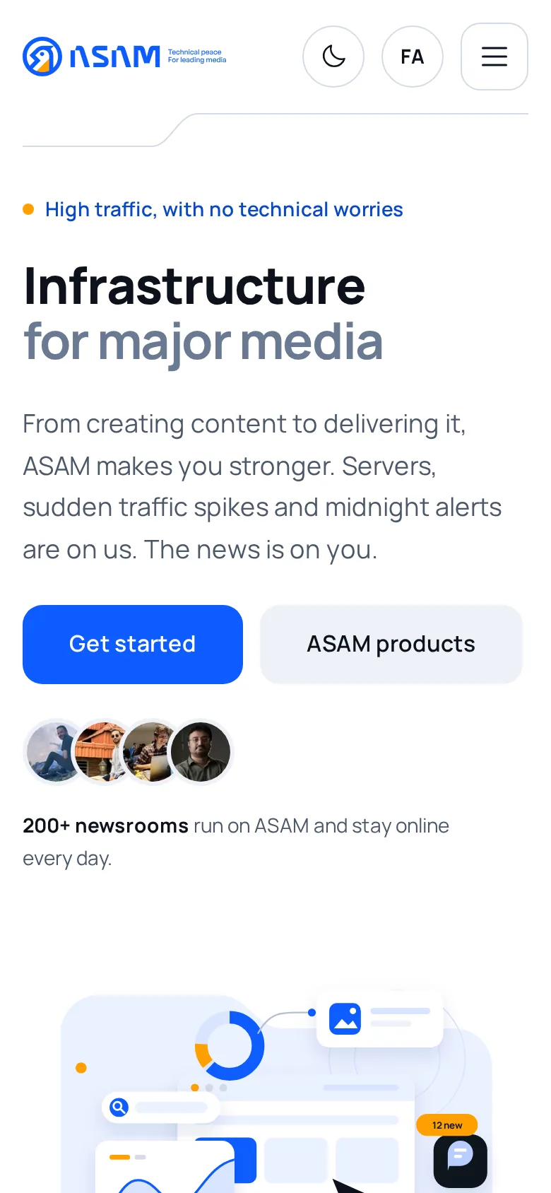 The ASAM home page on a phone in light theme: the logo, theme and language switches and a menu button, then the headline, lead and two stacked buttons.