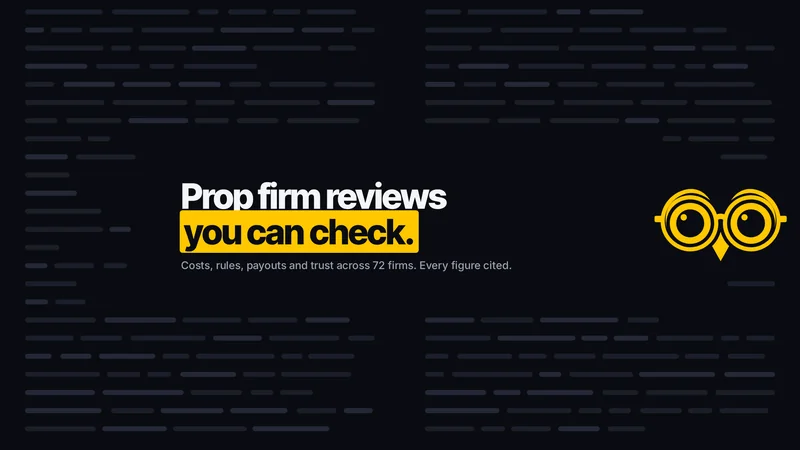 The prop-firm.review YouTube banner: on an ink ground with faint rows of bars, the headline Prop firm reviews you can check, its second half on a yellow highlight, the subline Costs, rules, payouts and trust across 72 firms. Every figure cited, and the owl's face at the right.