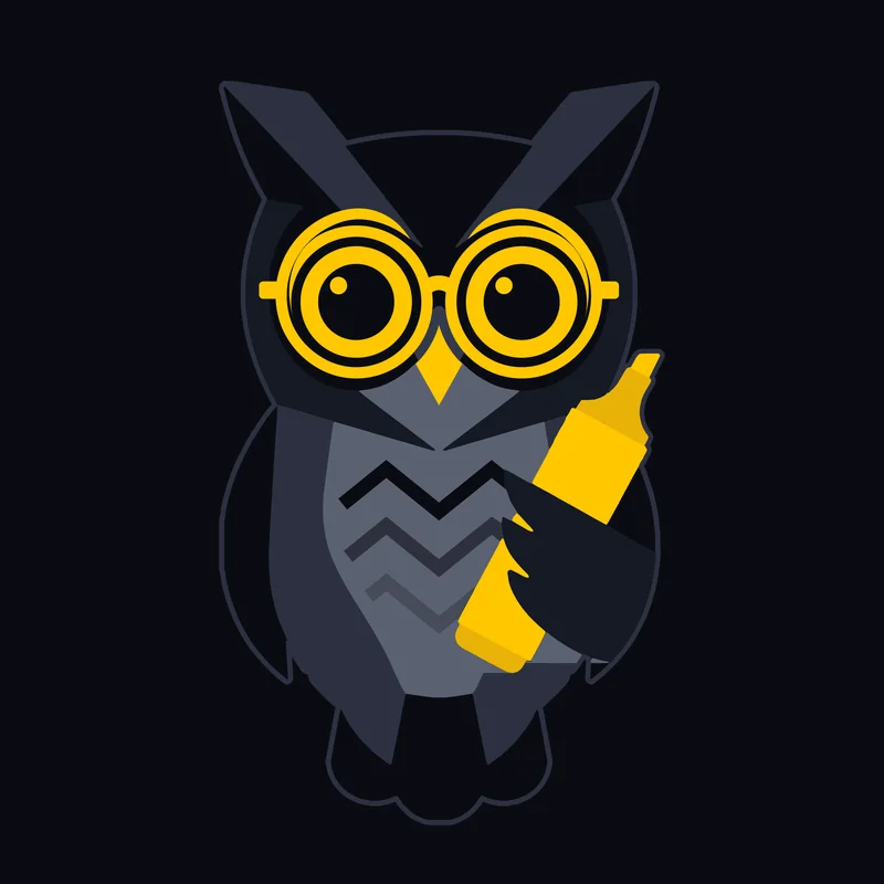 The prop-firm.review owl mascot standing, holding a yellow highlighter, on an ink ground.