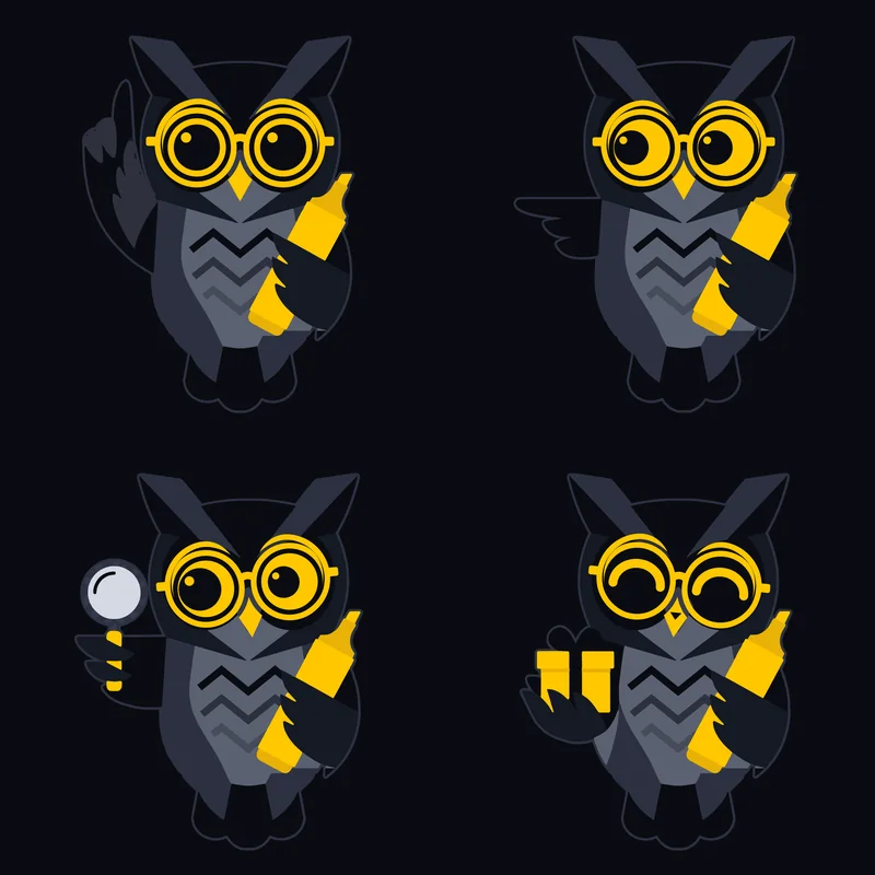 Four poses of the owl mascot: raising a wing for emphasis, pointing to the side, holding a magnifier and offering a gift box.